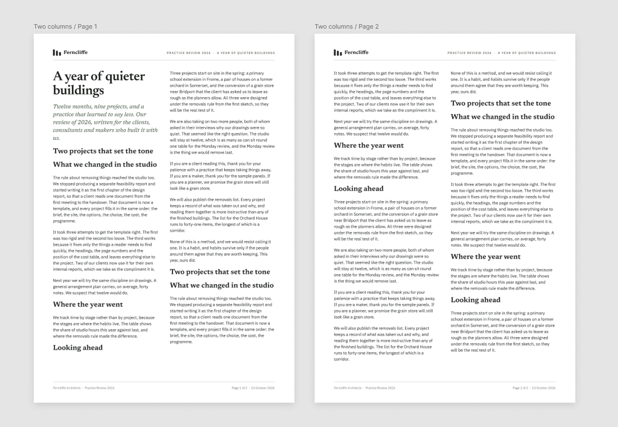 Two pages with two columns each, the text flowing down the first column, into the second, then on to the next page