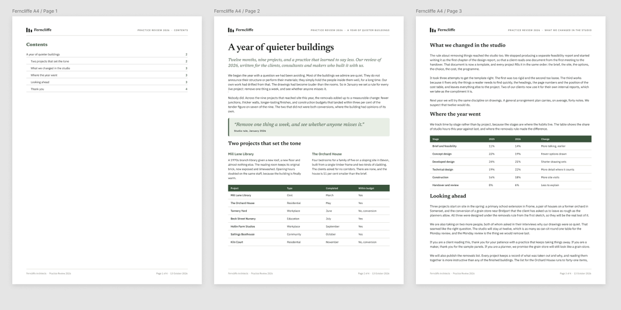 A contents page listing six headings with page numbers, followed by two text pages
