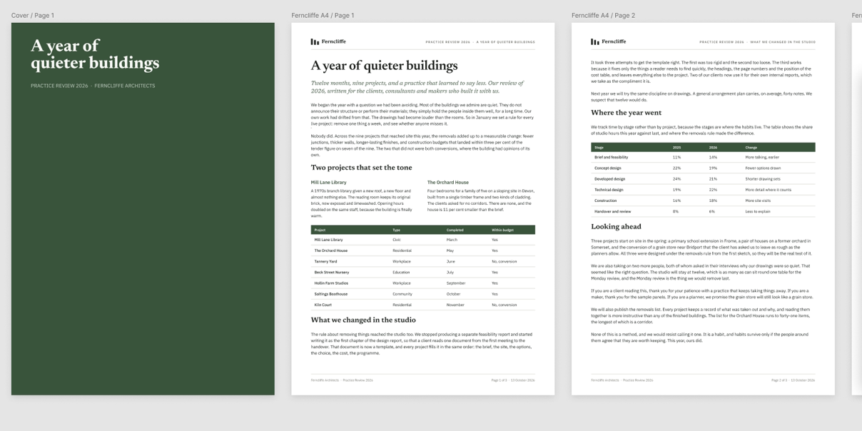 A dark cover page followed by three text pages, with the Pages tab beside them